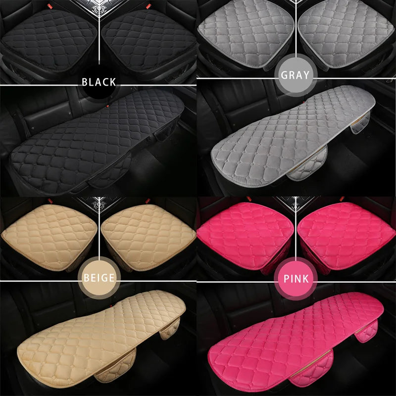 Car seat cover options in black, gray, beige, and pink with a quilted design.