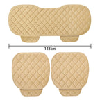 Beige quilted car seat cover set with dimensions on a white background