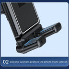 Black phone holder with silicone cushion on a blue background