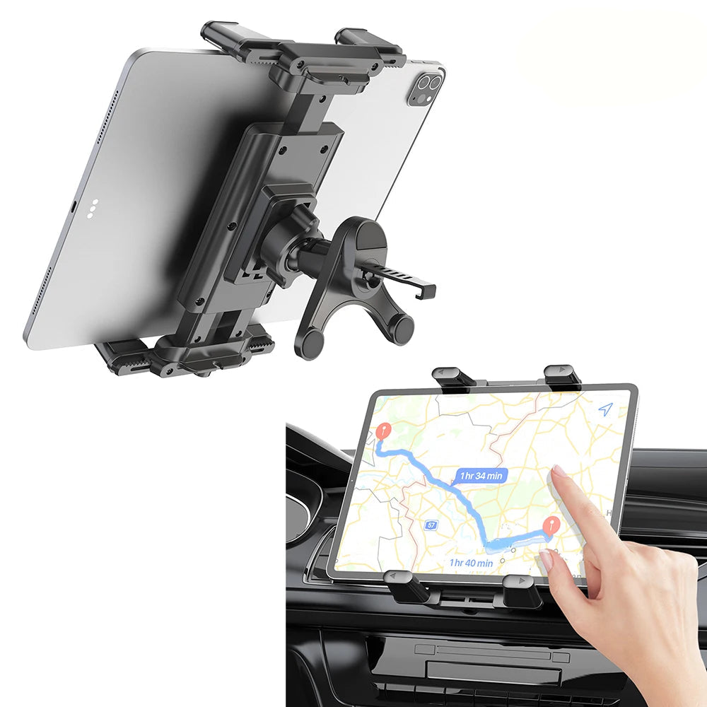 Tablet holder with a hand using a tablet displaying a navigation app, branded 'LRBH'.