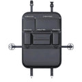 Black car backrest organizer with measurements on a white background