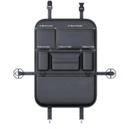 Black car backrest organizer with measurements on a white background