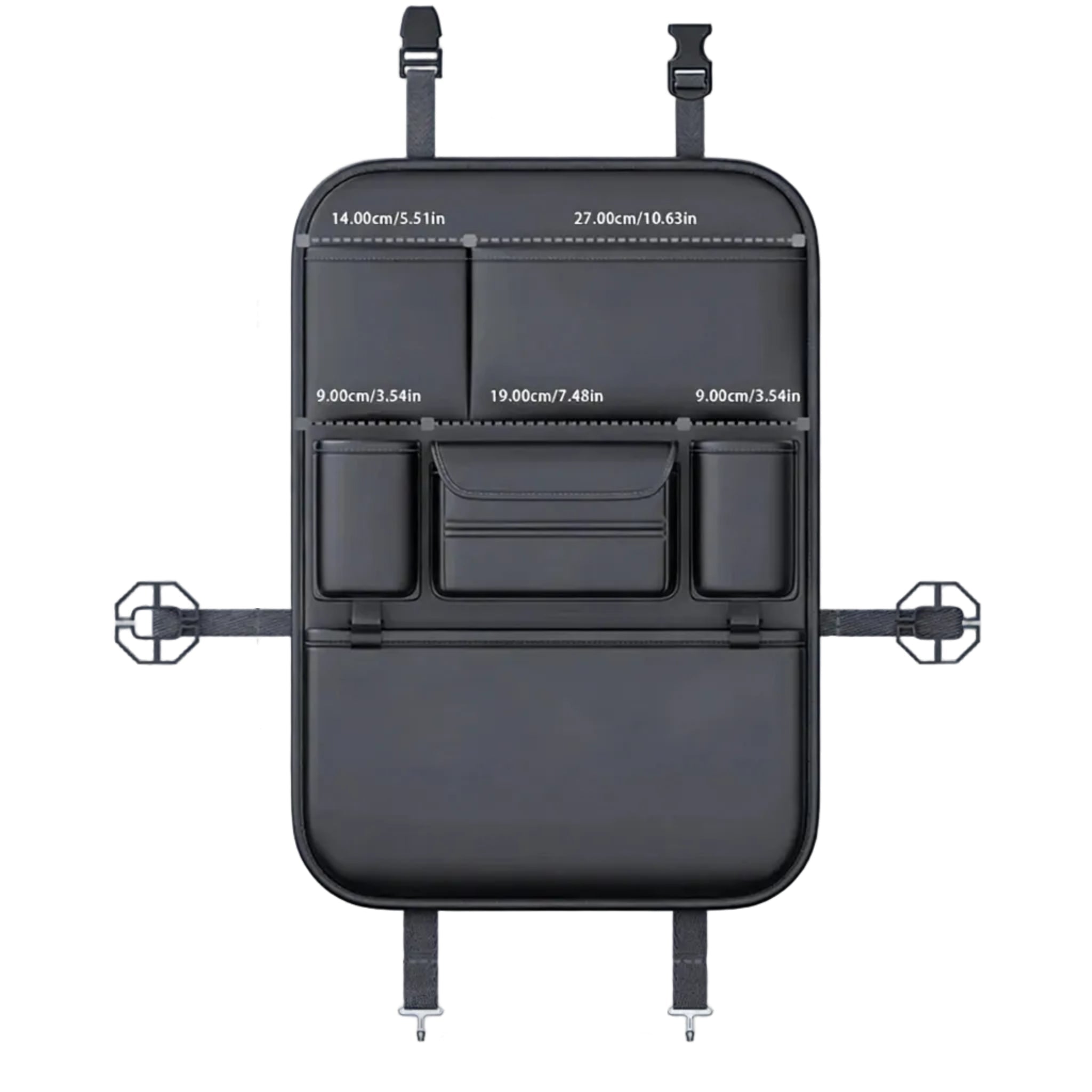 Black car backrest organizer with measurements on a white background