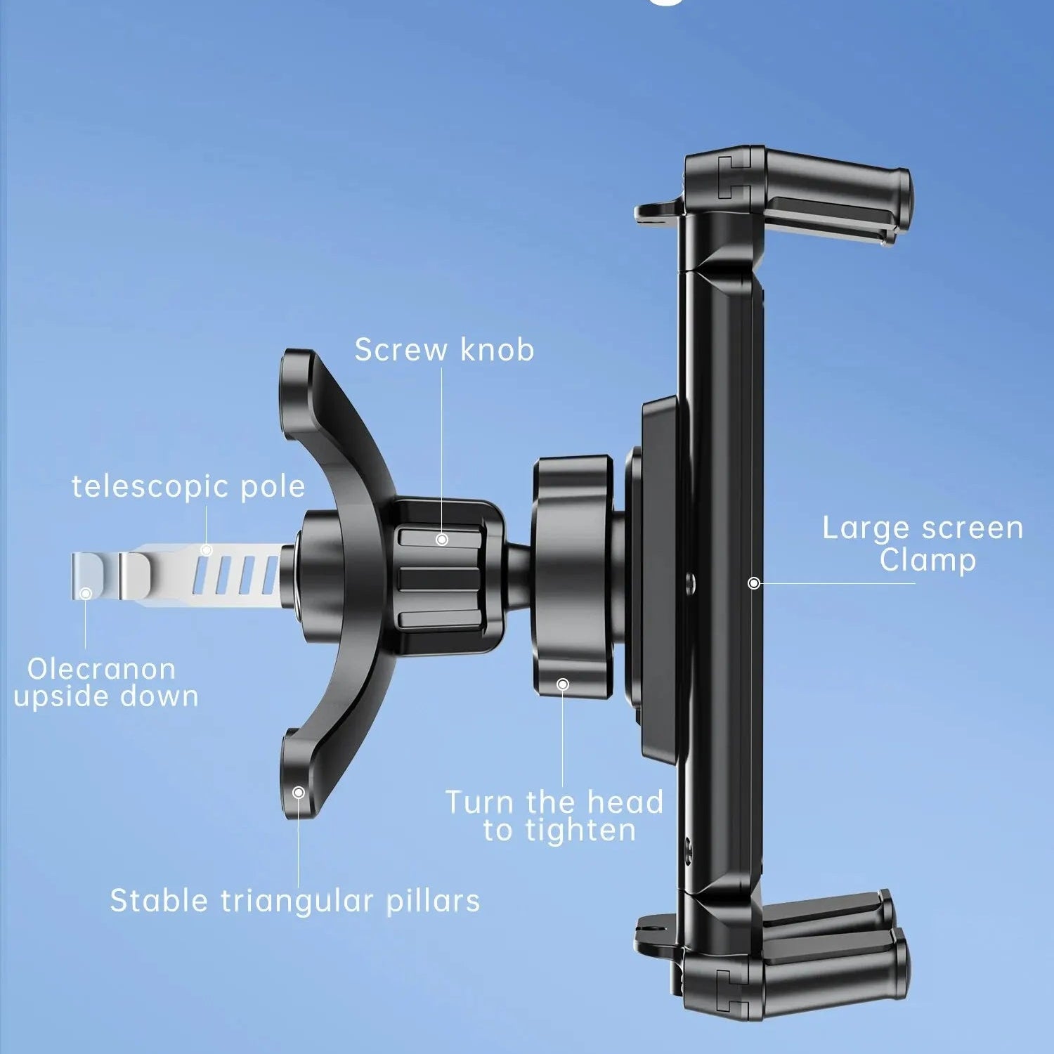 Black adjustable stand with labeled parts on a blue background