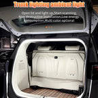 Car trunk with ambient lighting system open, showing text about product features.