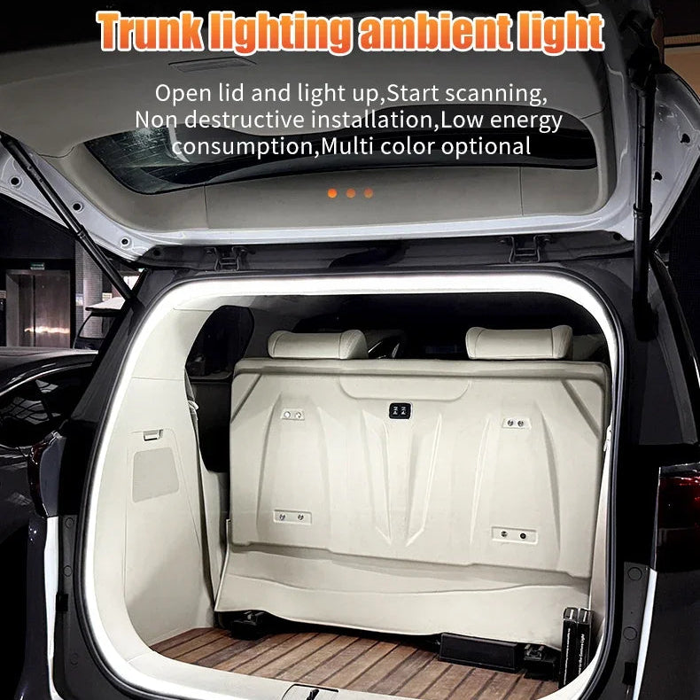Car trunk with ambient lighting system open, showing text about product features.