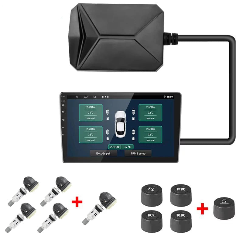 Automotive diagnostic device with screen and accessories on a white background