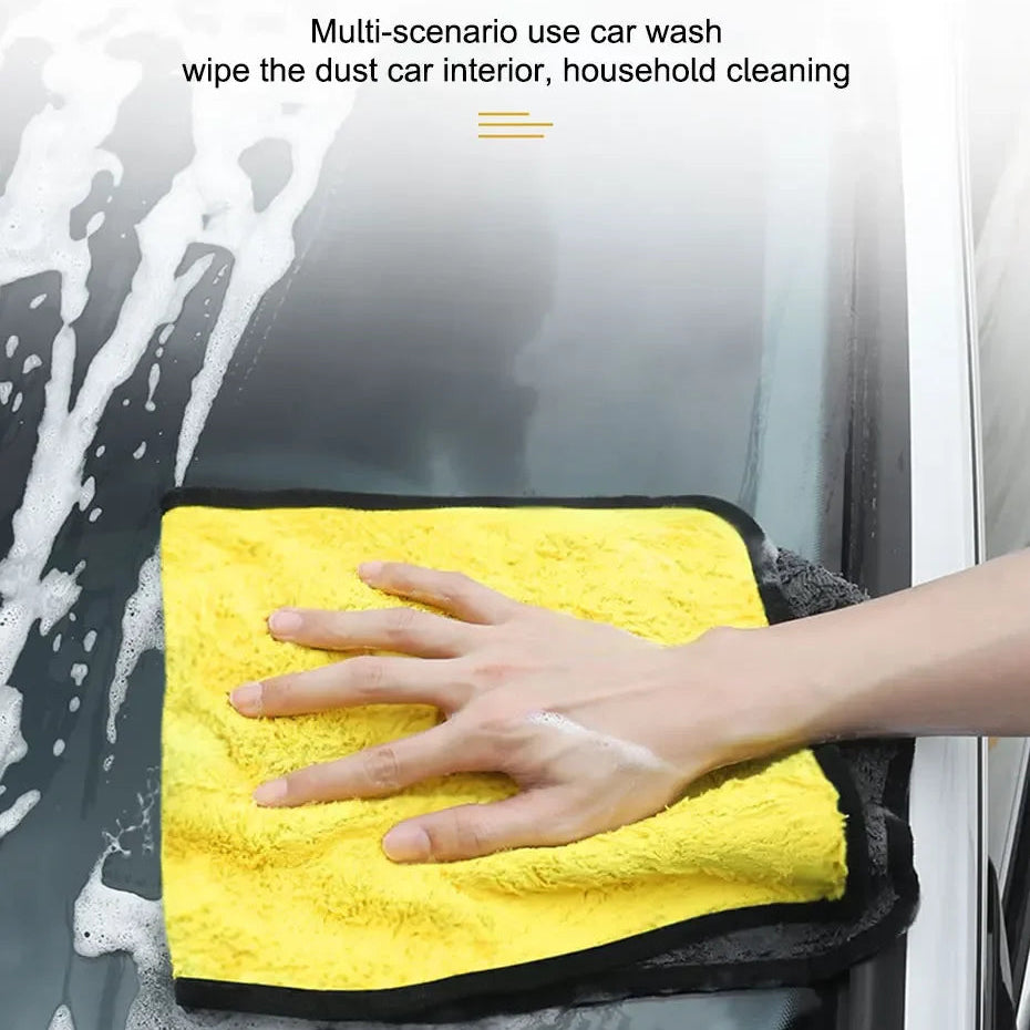 Yellow towel being used to wipe a car window with text about multi-scenario use.