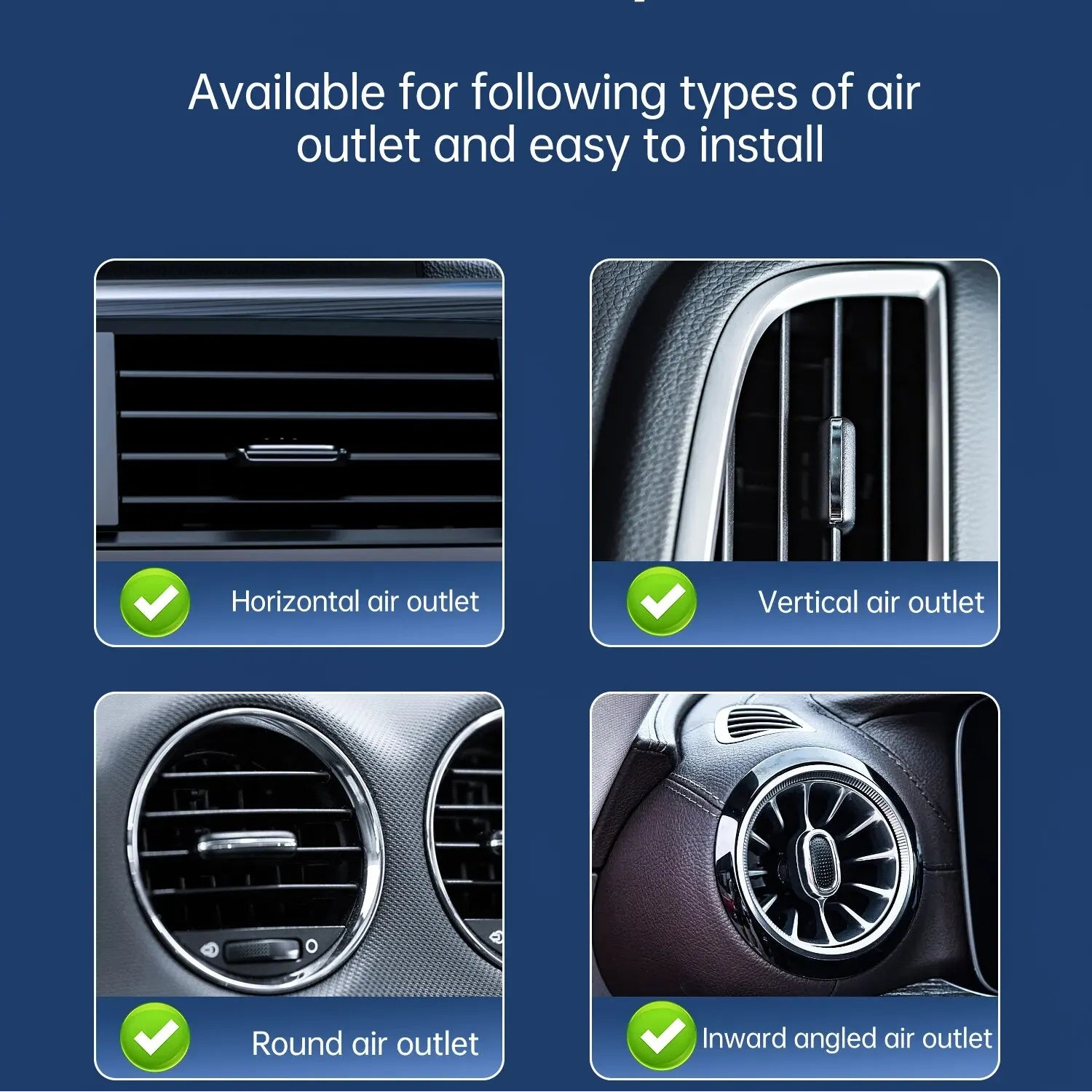 Product advertisement for air outlet accessories suitable for various types of car air outlets on a blue background.