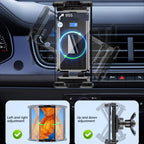 Car phone holder with digital display and adjustment features on a car dashboard.