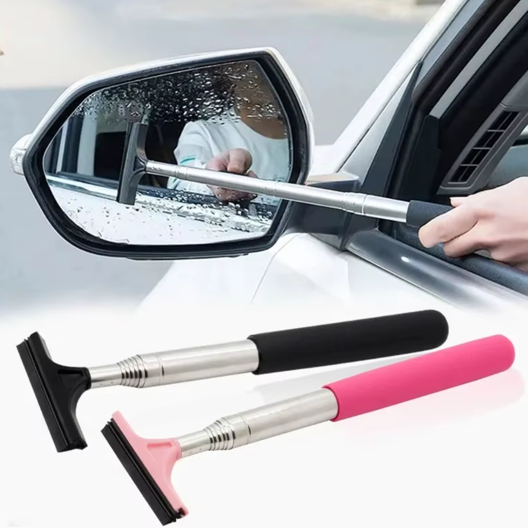 Car window cleaning tool being used on a car's side mirror with additional tools displayed below.